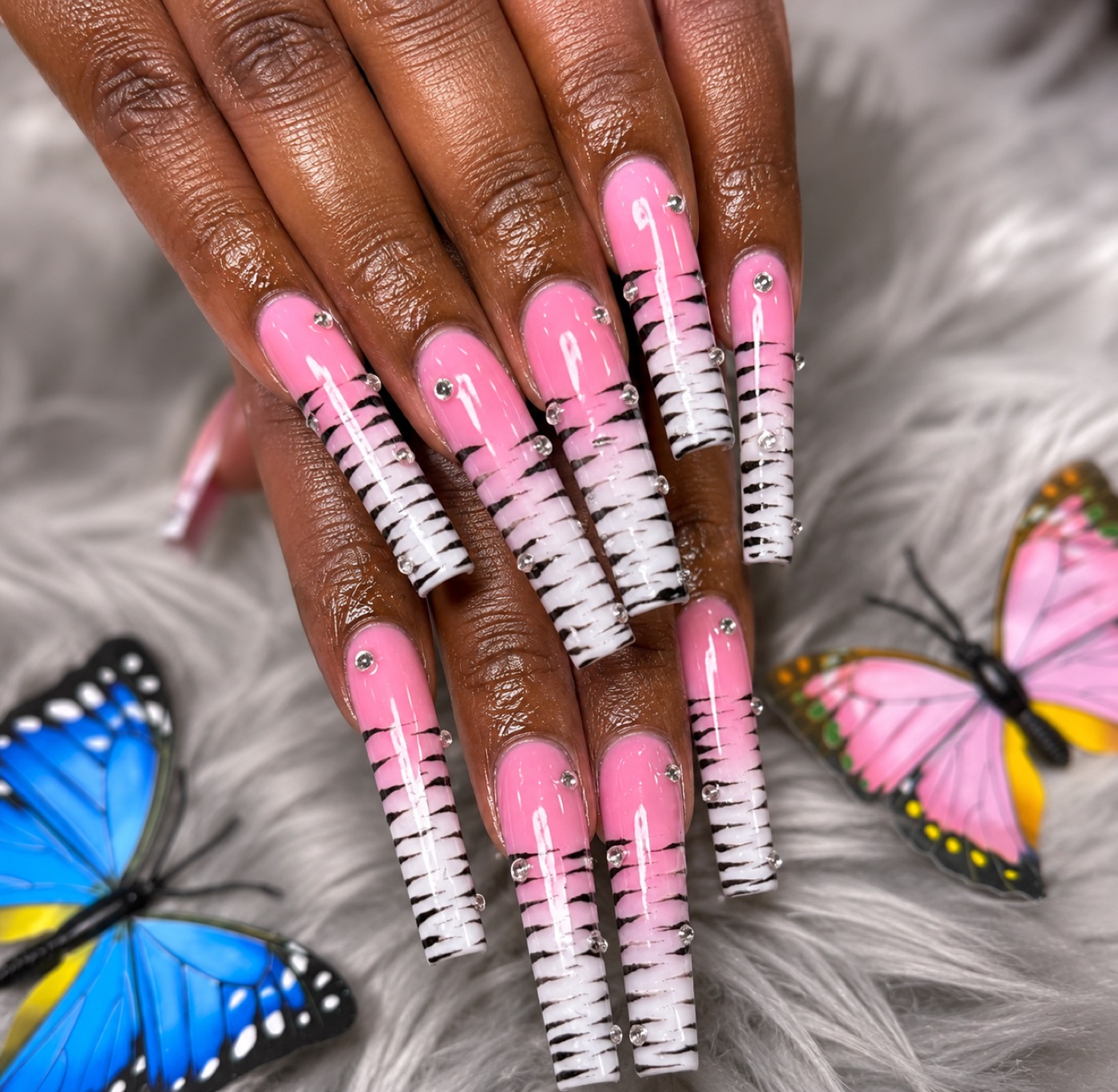 Extra long pink and white zebra-stripe set with crystal accents